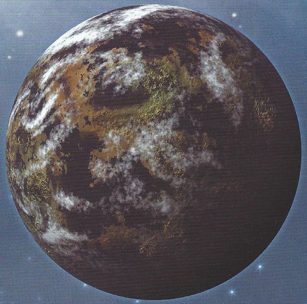 Imagem do planeta Doisac, cuja superfície é composta em grande parte por mares e terras.
