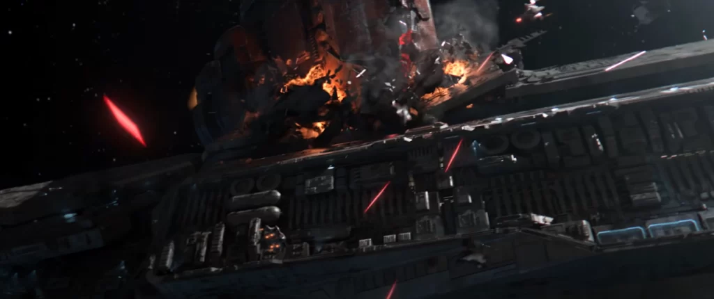 Uma nave da frota da Infinity sendo danificada por uma nave Banida momentos antes de Griffin evacuar para o Zeta Halo.