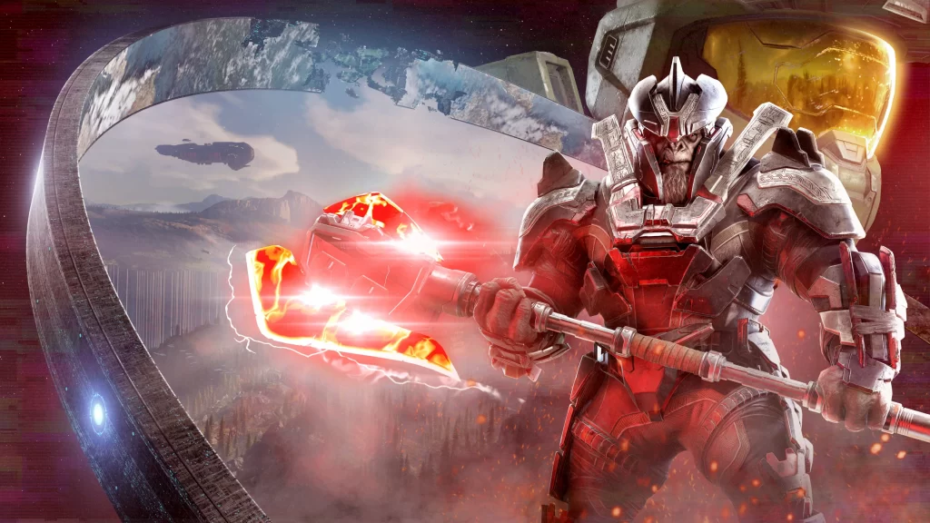 Imagem que mostra Escharum, portando seu poderoso martelo, à frente do Zeta Halo e do Master Chief.